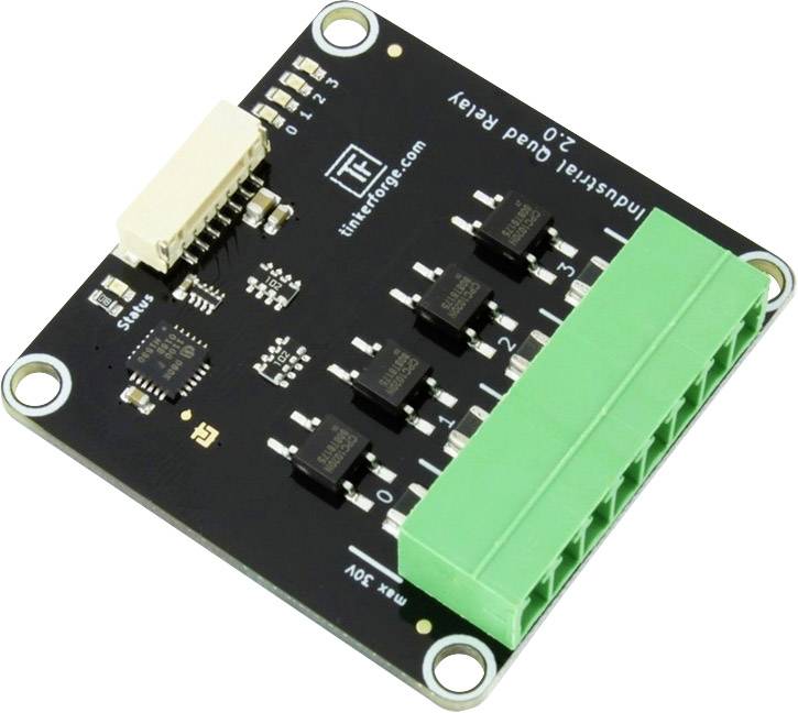 A black electronic circuit board with a green socket strip and several black microchips. Labelled 'Industrial Quad Relay 2.0'.