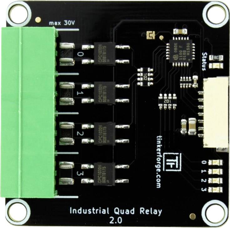 Industrial Quad Relay Board 2.0 with four relays and status LEDs; maximum voltage 30V; for electronic circuits.