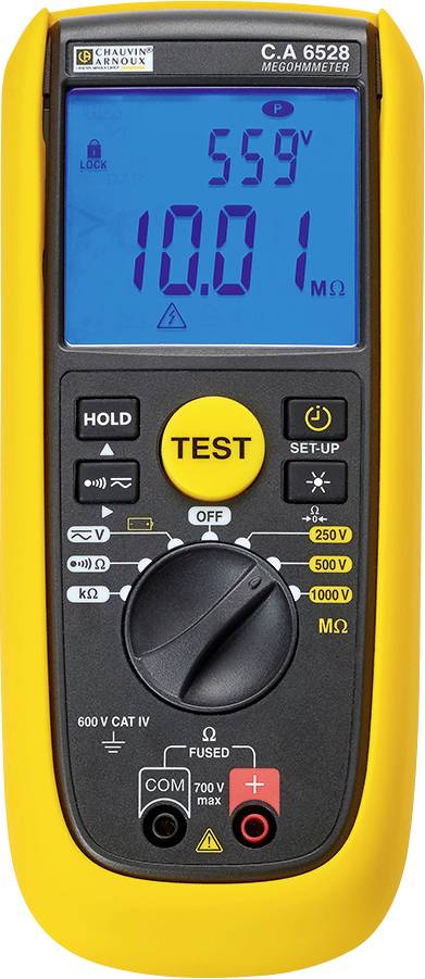 Yellow digital multimeter in the foreground in focus. The display shows '559V' and '10.01 MΩ'. Below are buttons and a rotary dial.