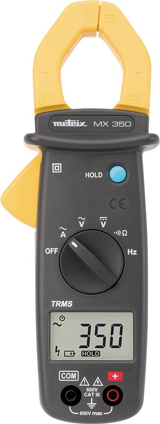 A digital clamp meter with a black casing and yellow measuring claws. Displays a measured value of 350 on the display.