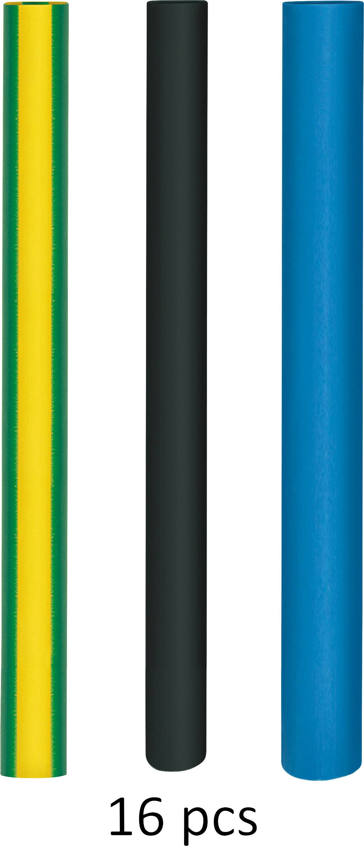 Three paper rolls standing side by side in yellow-green, black and blue. Below it reads '16 pieces'.