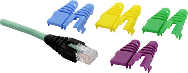 A green network cable with a black plug and four coloured cable protective caps in blue, yellow, green and purple.