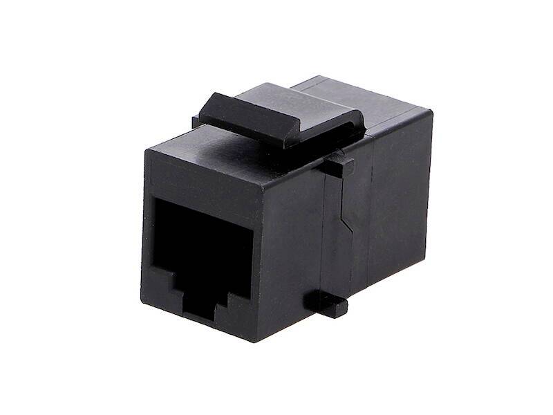 A black RJ45 network socket module for Ethernet connections in a rectangular plastic housing.
