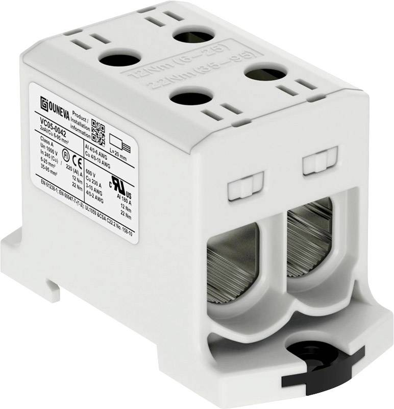 An electrical connector with labelled terminals and technical specification printed on the side.