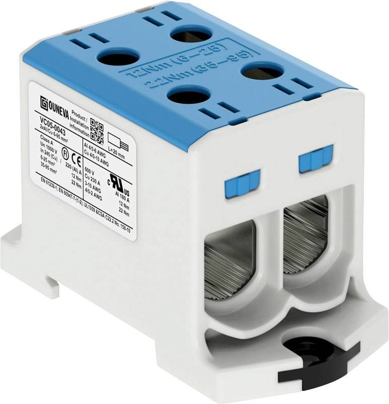 An electrical distribution block with two inputs and a blue cover displays specifications and certifications on a label.