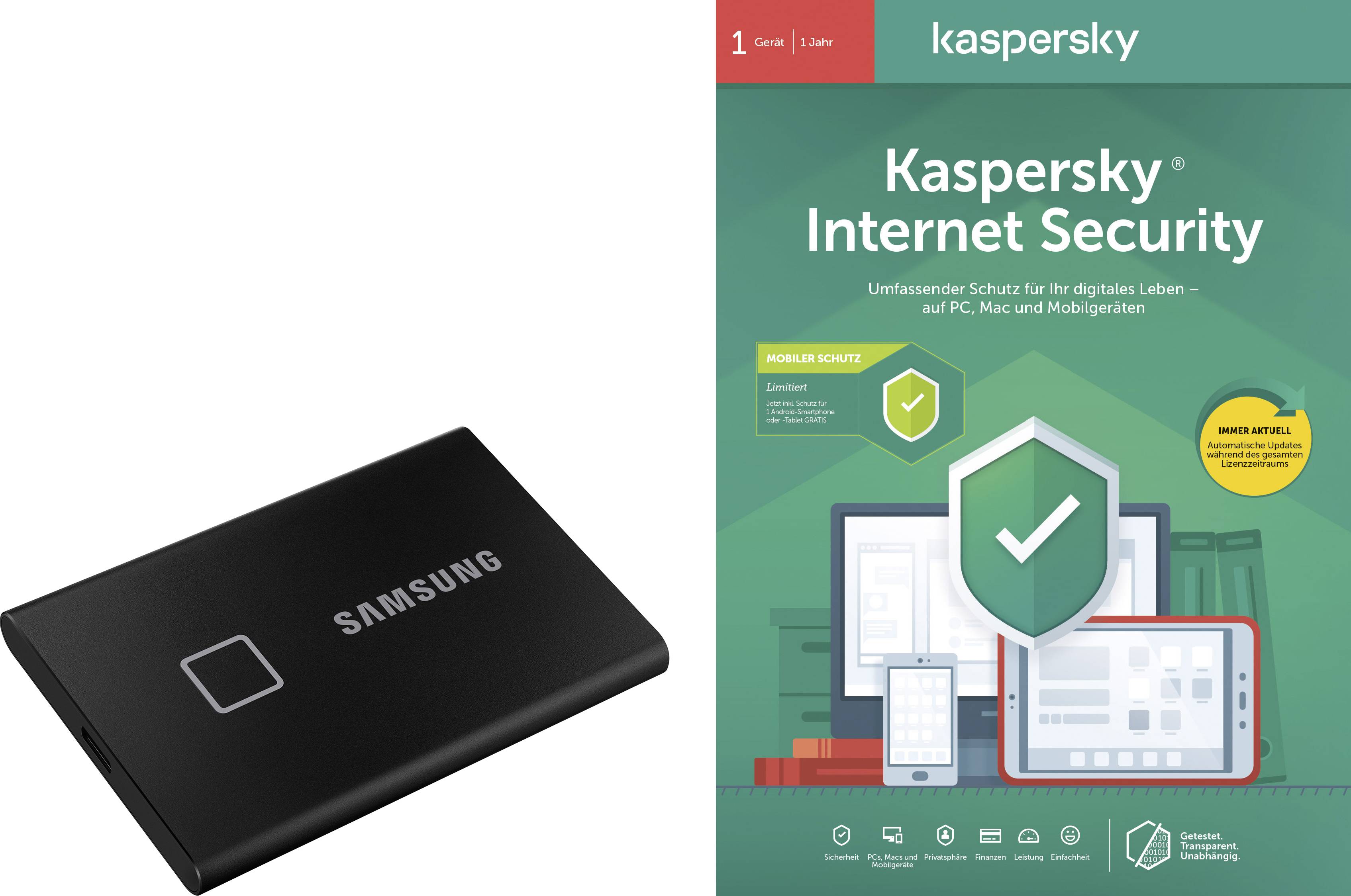 Samsung Portable T7 Touch + Kaspersky Internet Security+Android Sec. External SSD hard drive 1 TB Black USB 3.2 (Gen 2)