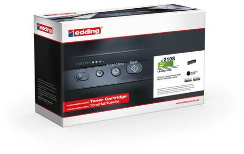 Toner cartridge by edding, Model #2108, for printers with colour, stop/empty and start options. Packaging displays product details.