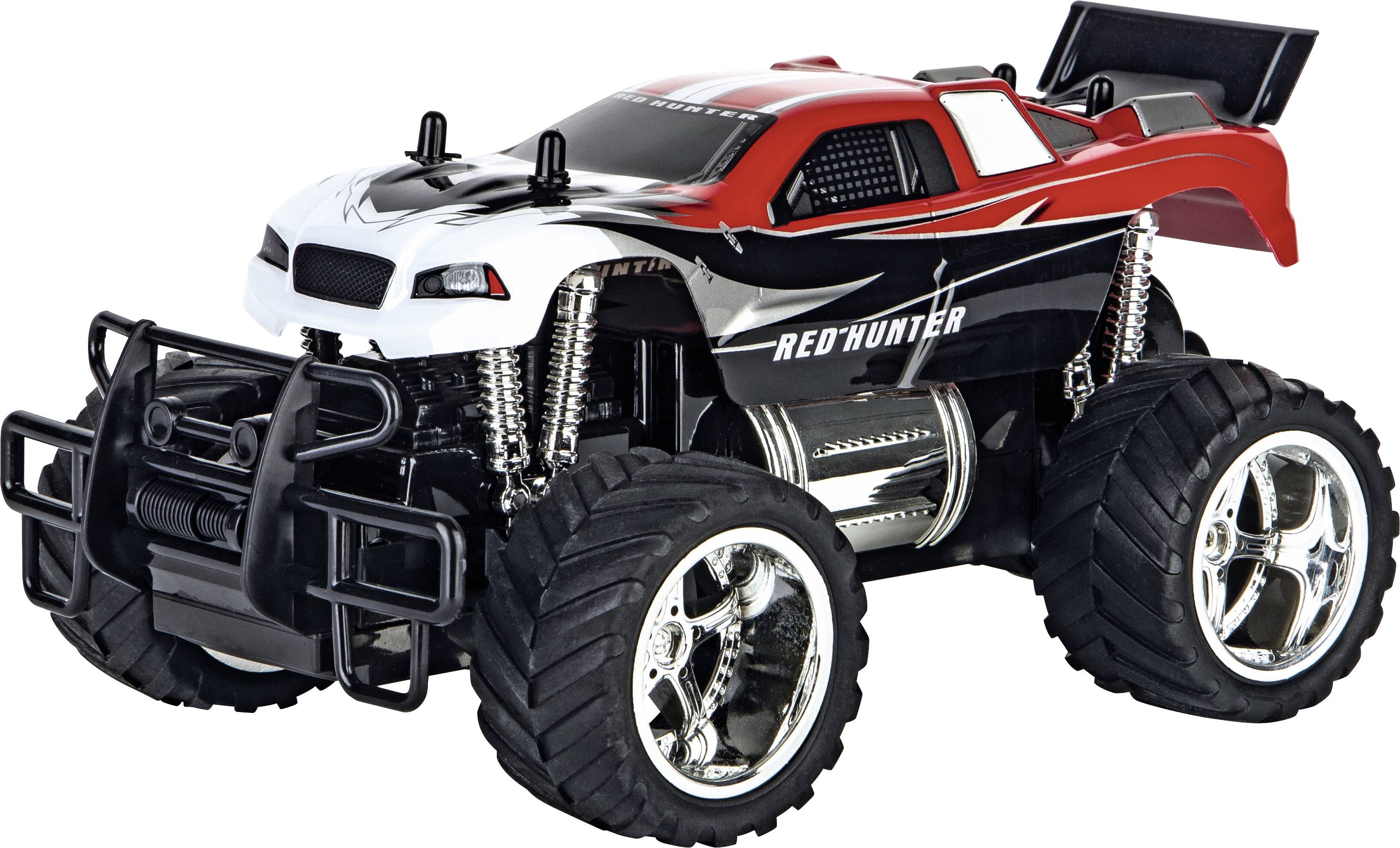 A remote-controlled monster truck toy car with large tyres and a red, black and white design, marked with 'Red Hunter'.