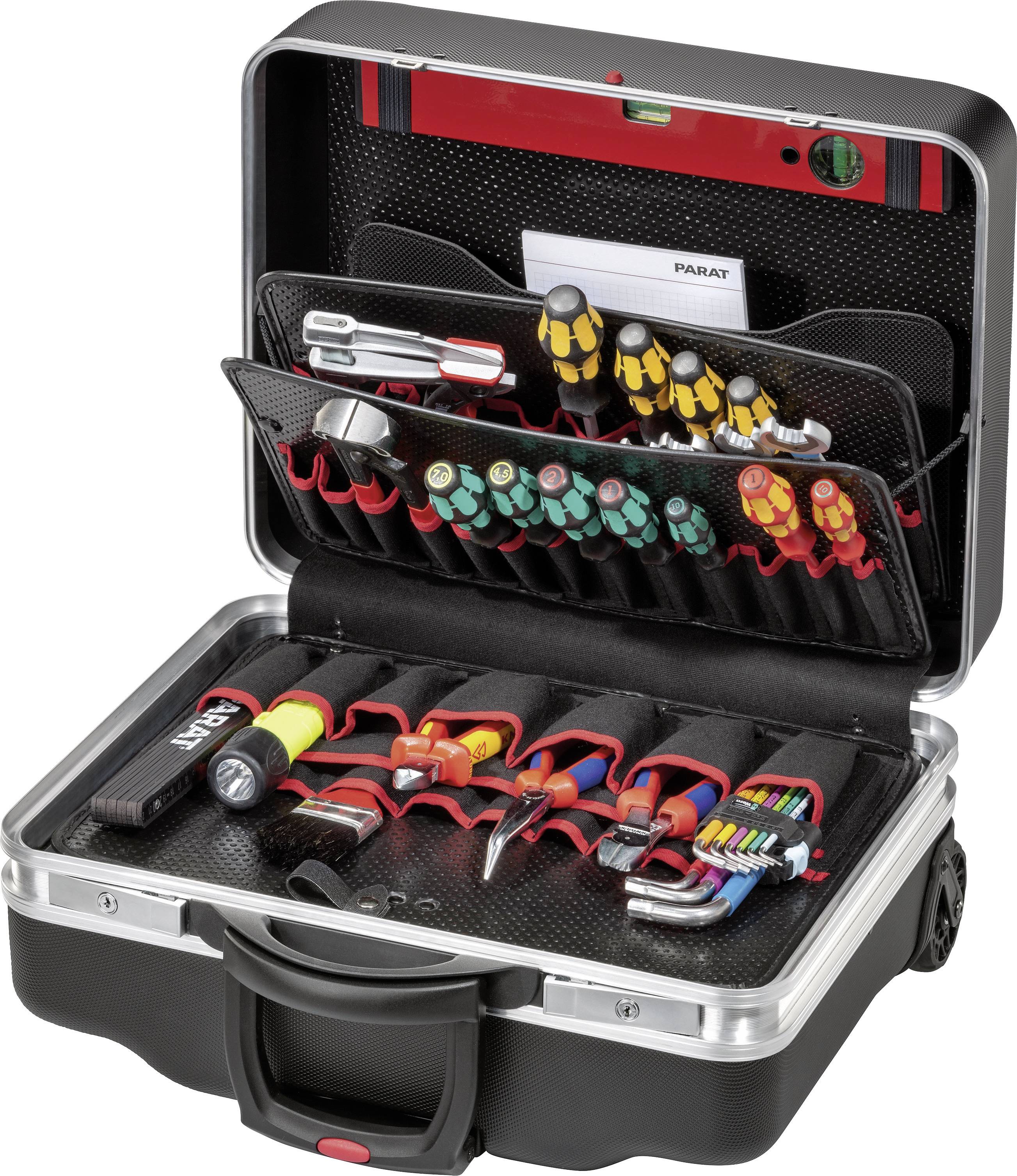 A tool case with an open lid displays an assortment of hand tools including screwdrivers, a hammer, and pliers.