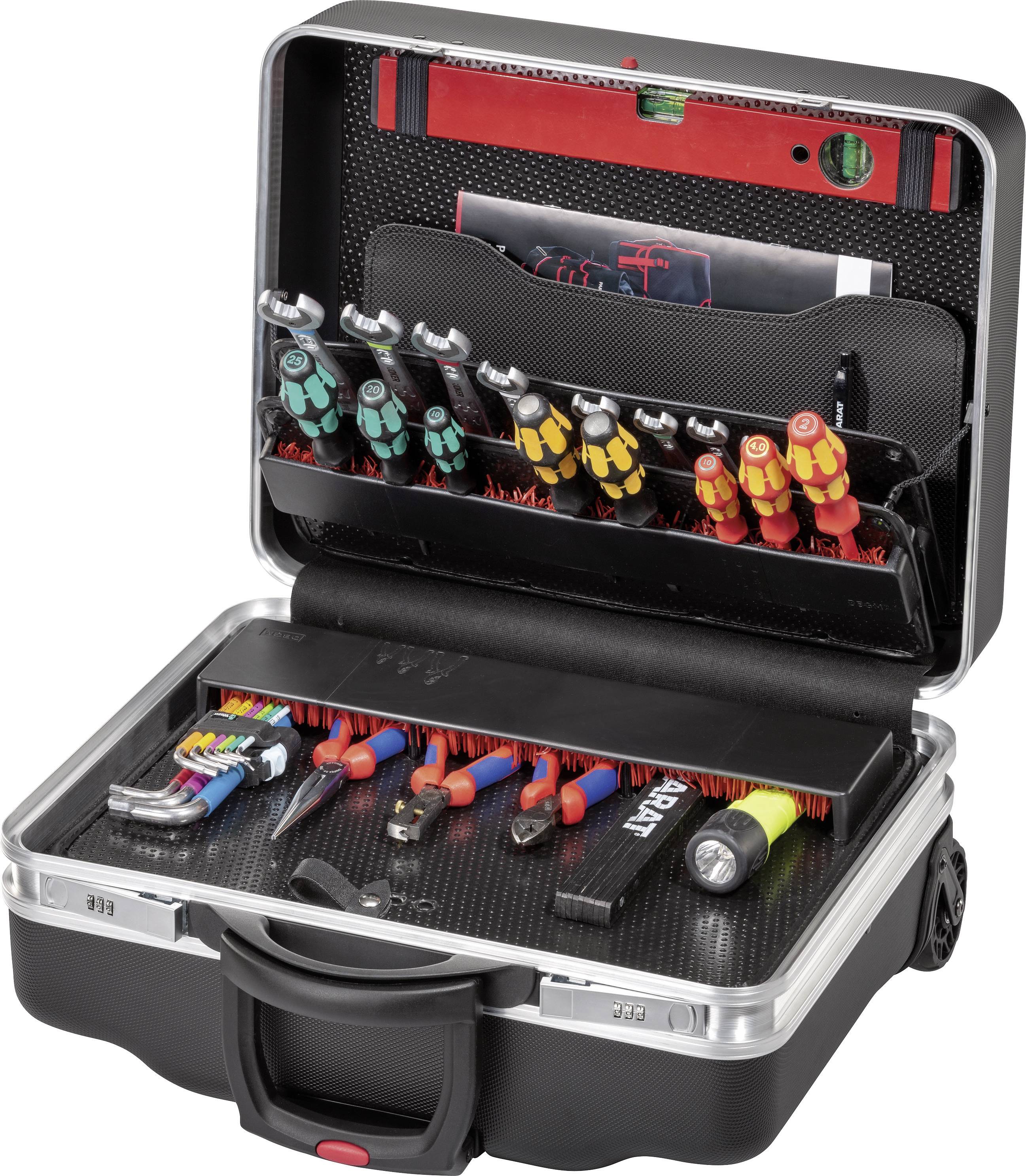 An opened toolbox with various isolated screwdrivers, pliers, and a tape measure, neatly arranged.
