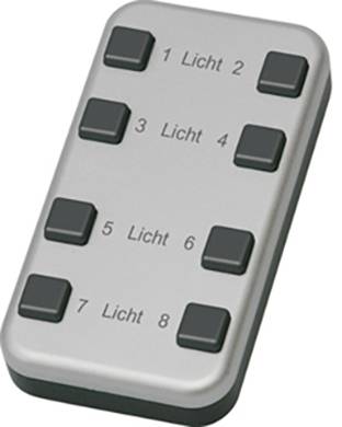 A silver remote control with eight black buttons, numbered from 1 to 8. Label 'Light' next to the numbers.
