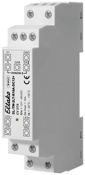 A grey, rectangular electronic component with screw terminals and a labelled front face, suitable for DIN rail mounting.