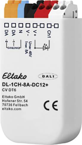 A white electrical device with connections at the top. The brand name 'Eltako' and model 'DL-1CH-8A-DC12+' are visible.