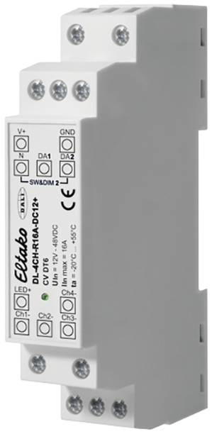 A white electronic control unit from Elektrobock with multiple connections and technical details printed on it, used for lighting control.