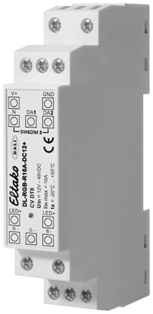 A DIN rail relay, shown from an angled overhead view. Technical details such as voltage and manufacturer markings are visible on the front face.