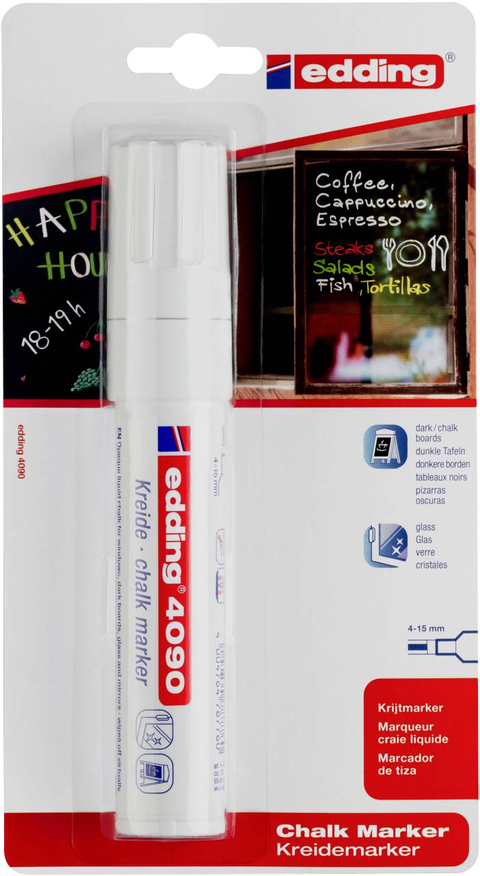 White chalk marker by edding. Packaging shows usage on a blackboard with the inscription 'Coffee, Cappuccino, Espresso'. Ideal for smooth surfaces.