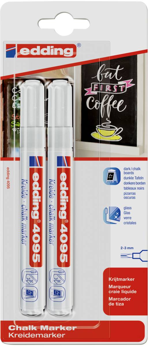 Two white Edding 4095 chalk markers on packaging; suitable for smooth surfaces. 'But first coffee' text displayed on a board.