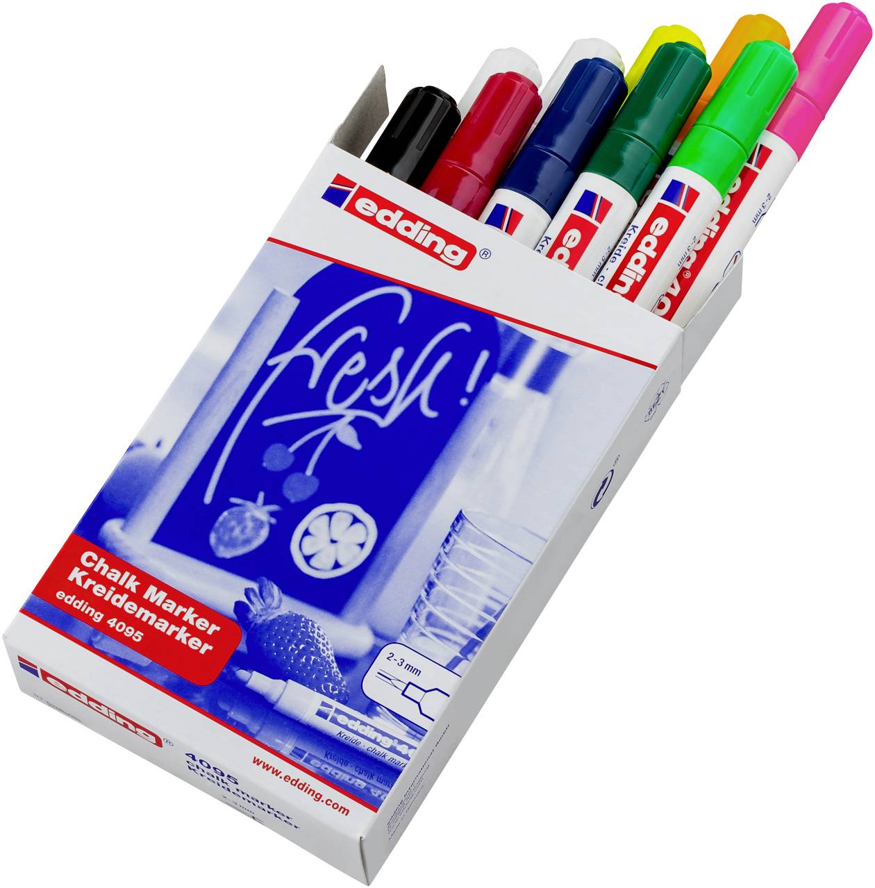 Six Edding chalk markers in different colours in an opened package, suitable for glass and other smooth surfaces.