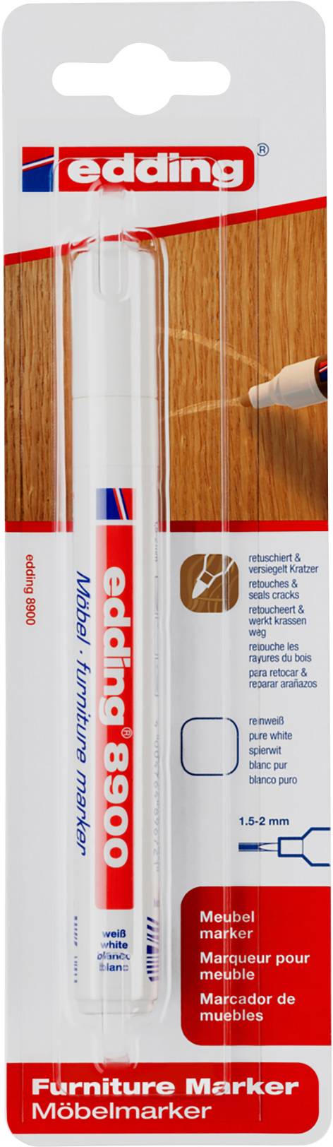 Edding furniture marker in blister packaging, suitable for covering scratches on wooden furniture. Line width 1-2 mm, colour White.