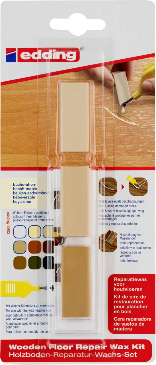 'edding Wood Floor Repair Wax Set' packaging with multiple wax sticks in various wood tones on the front.