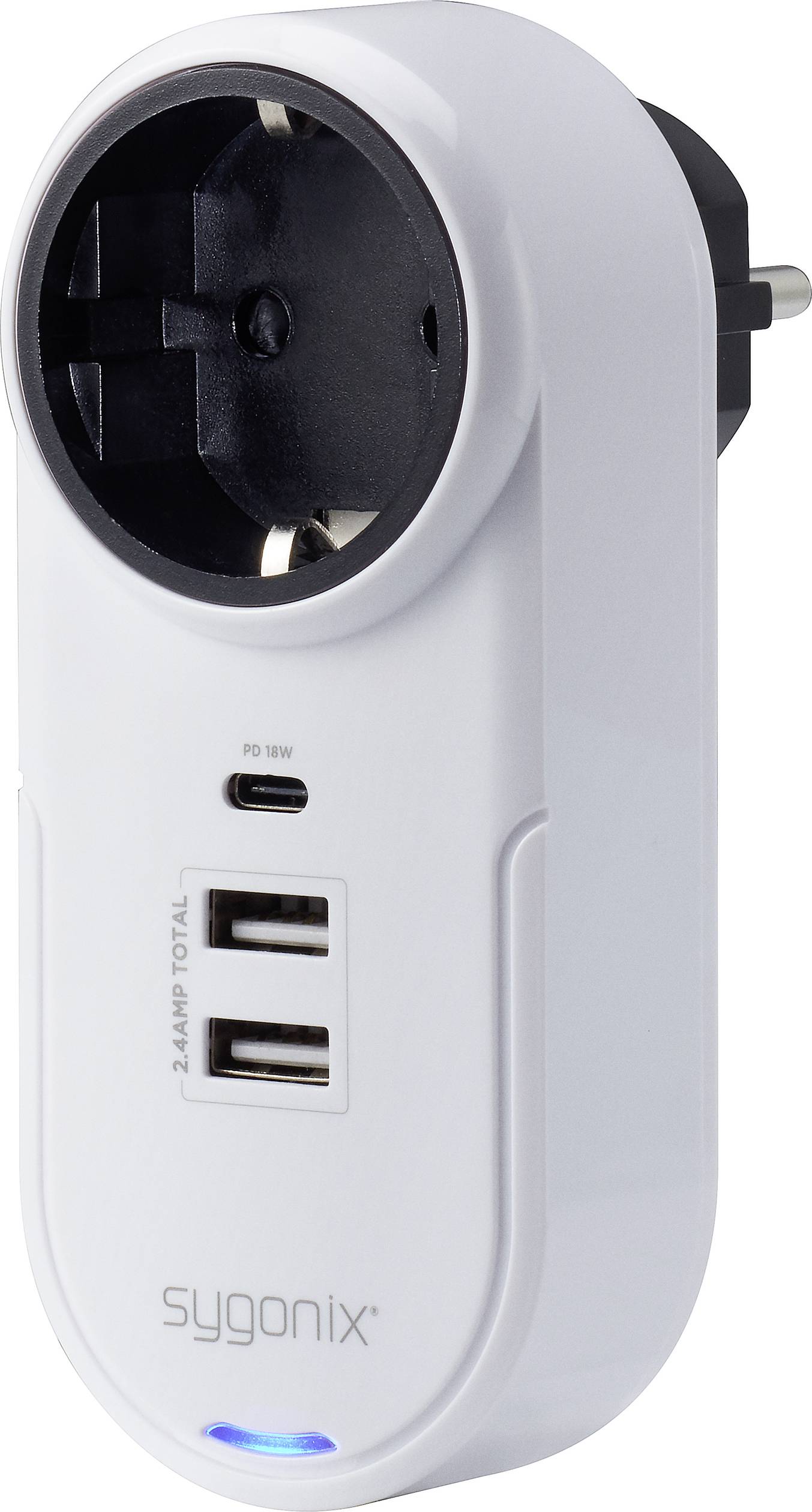 Two-USB socket adapter with EU plug, 'sygonix' brand. White casing with blue LED indicator.