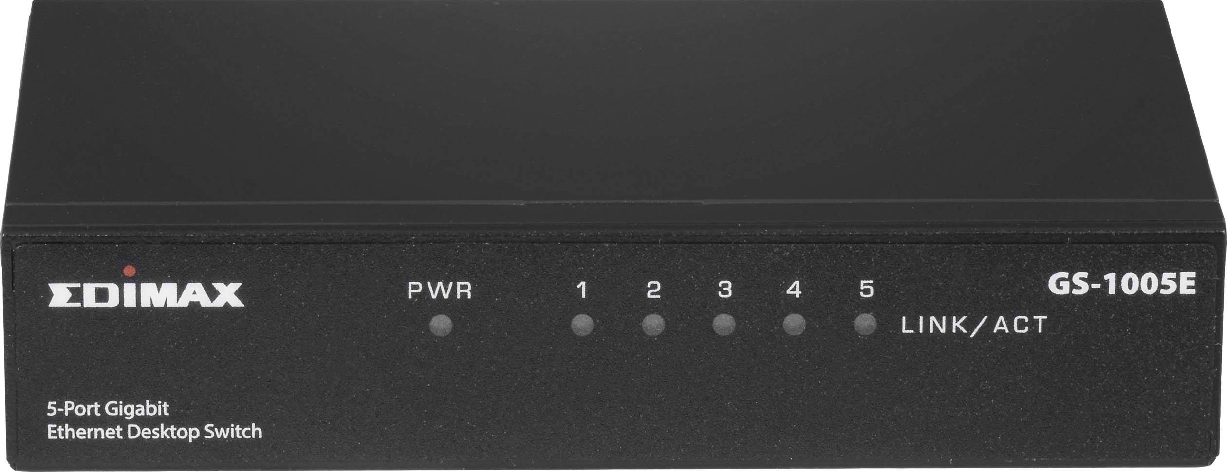 A black 5-port Gigabit Ethernet switch by Edimax, model GS-1005E, with LED indicators for power supply and connection activity.
