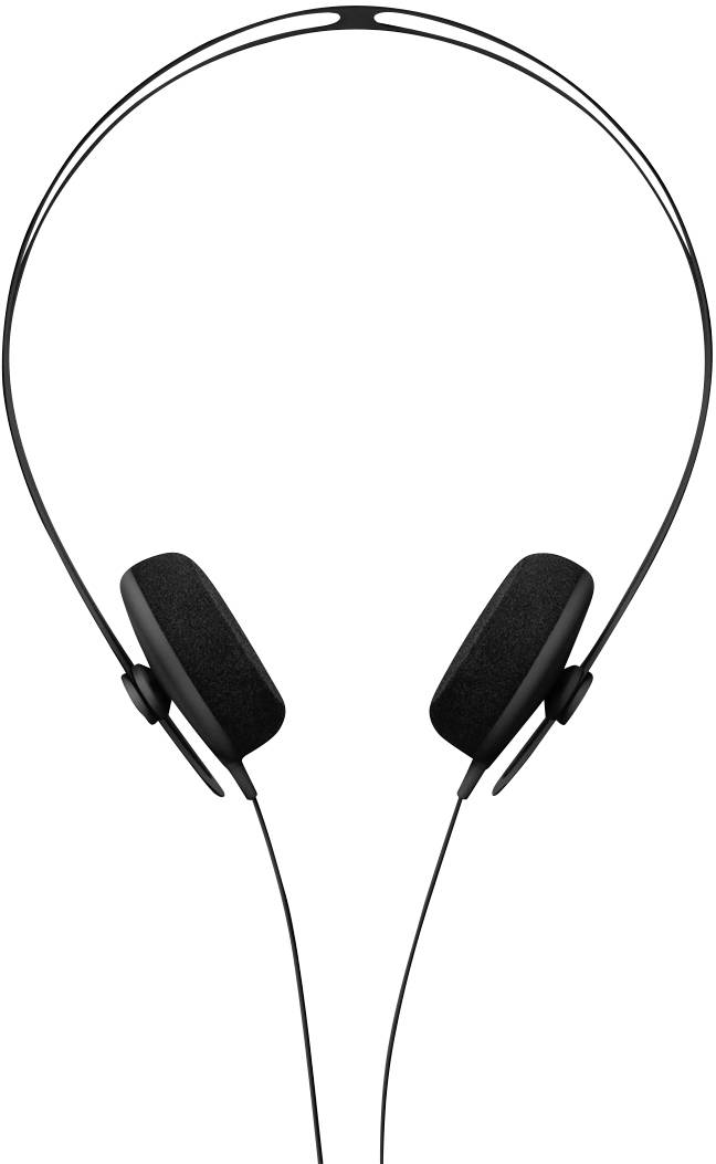 Black, wireless headphones with a slim headband and compact ear cups, against a white background.