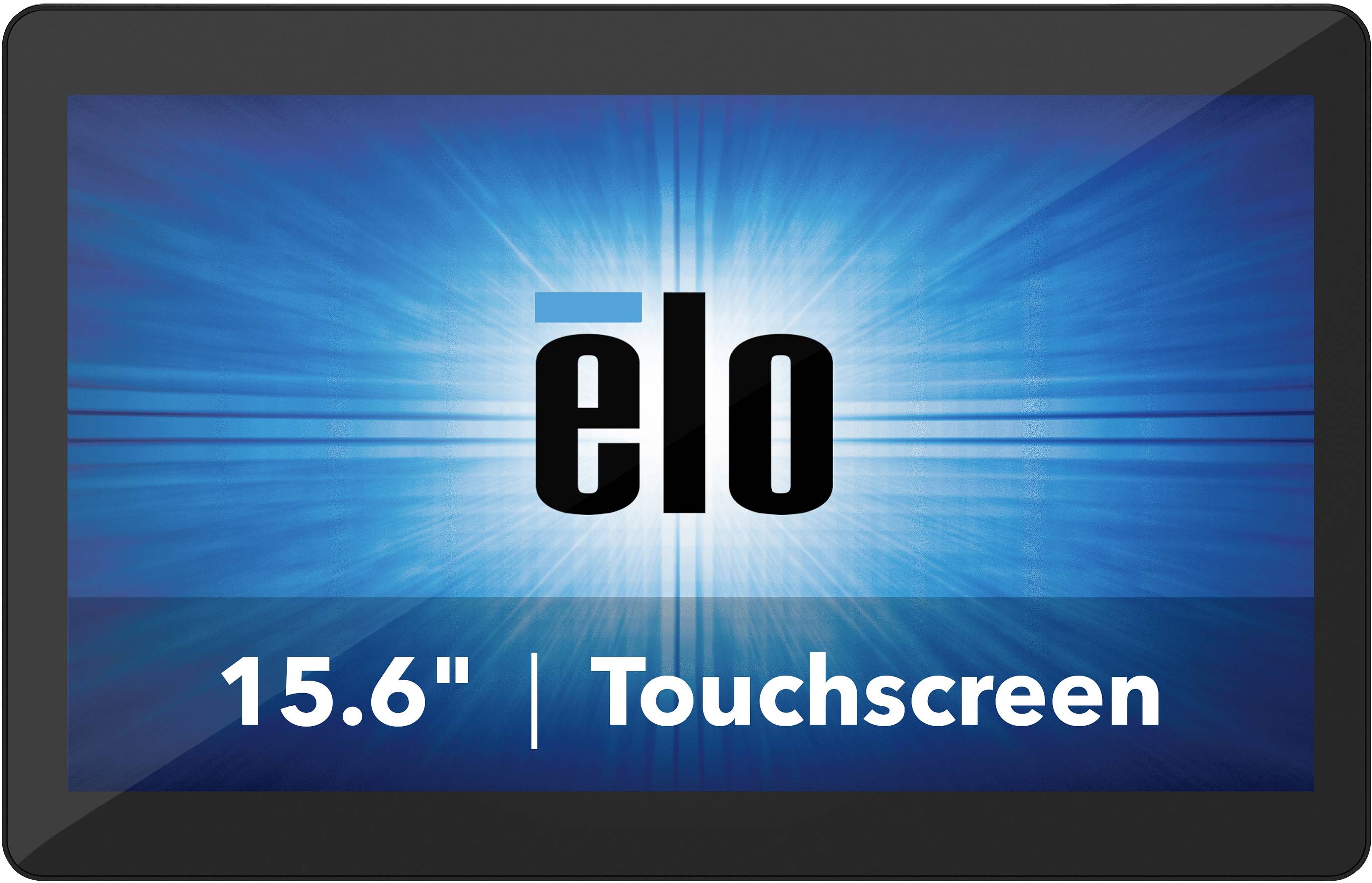 Tablet with a blue background displaying 'elo', with a screen size of 15.6 inches, featuring touch functionality.