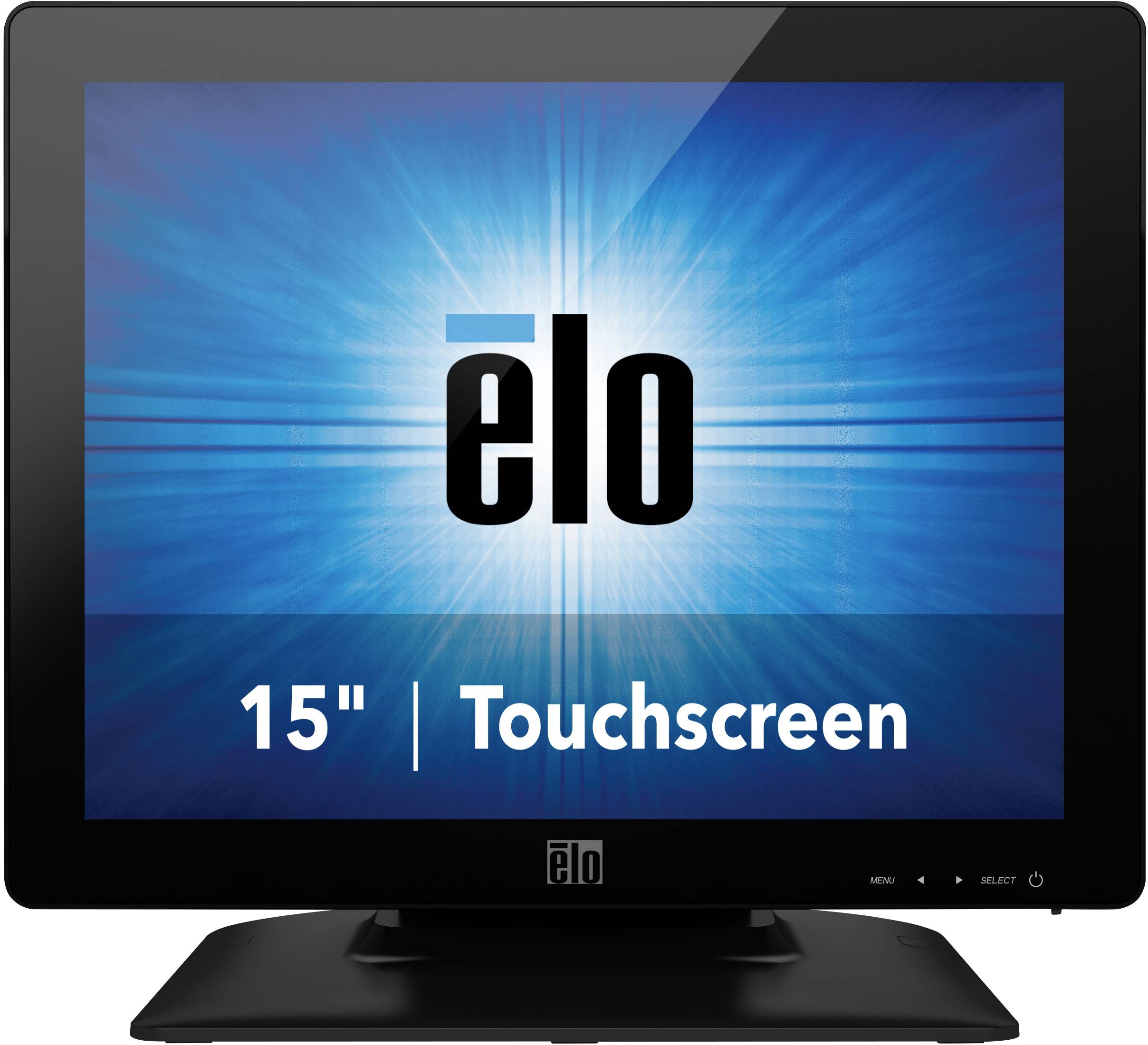 A black 15-inch touchscreen monitor with the 'elo' logo on a blue background.