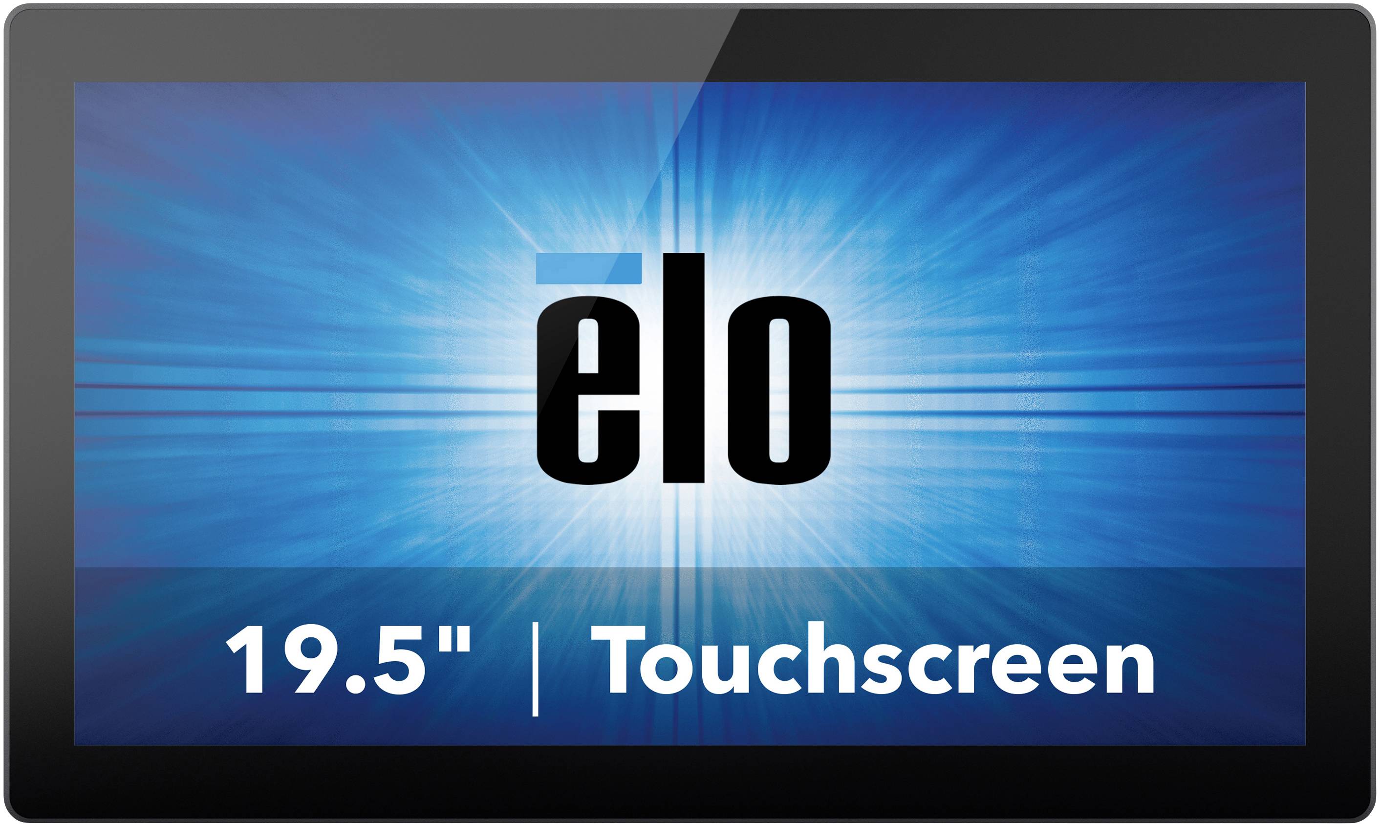 A 19.5-inch touchscreen monitor by the brand 'elo' with a blue background on the screen.