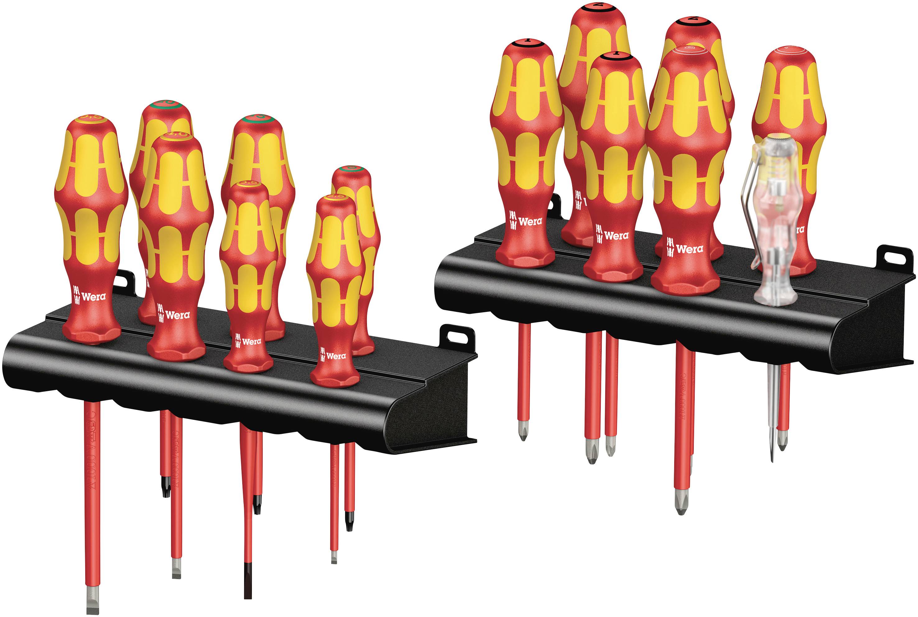 A single set of screwdrivers with red and yellow handles in two holders, ideal for electrical work.