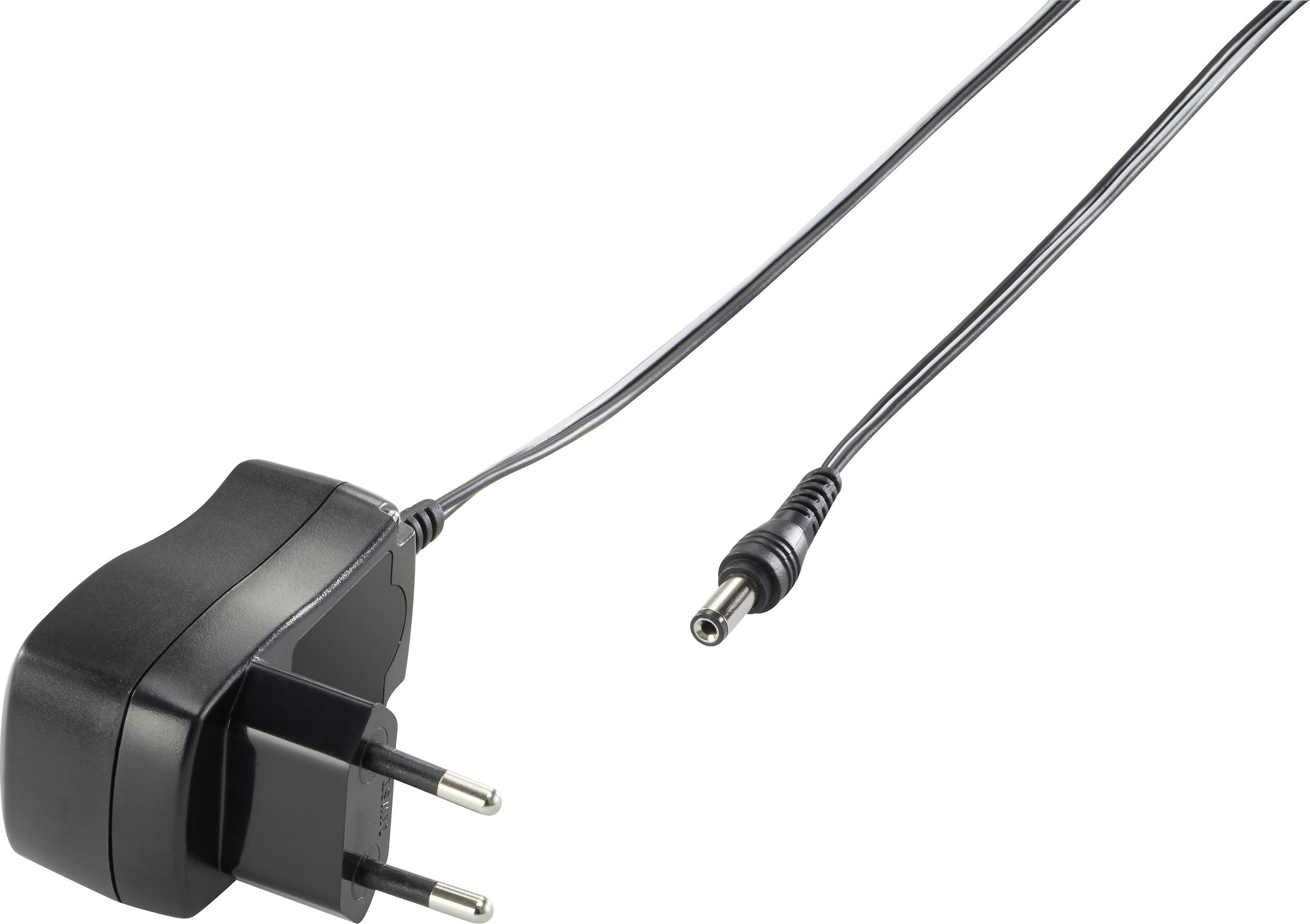 A black network charger with a European plug and a long cable that terminates in a small round connector.