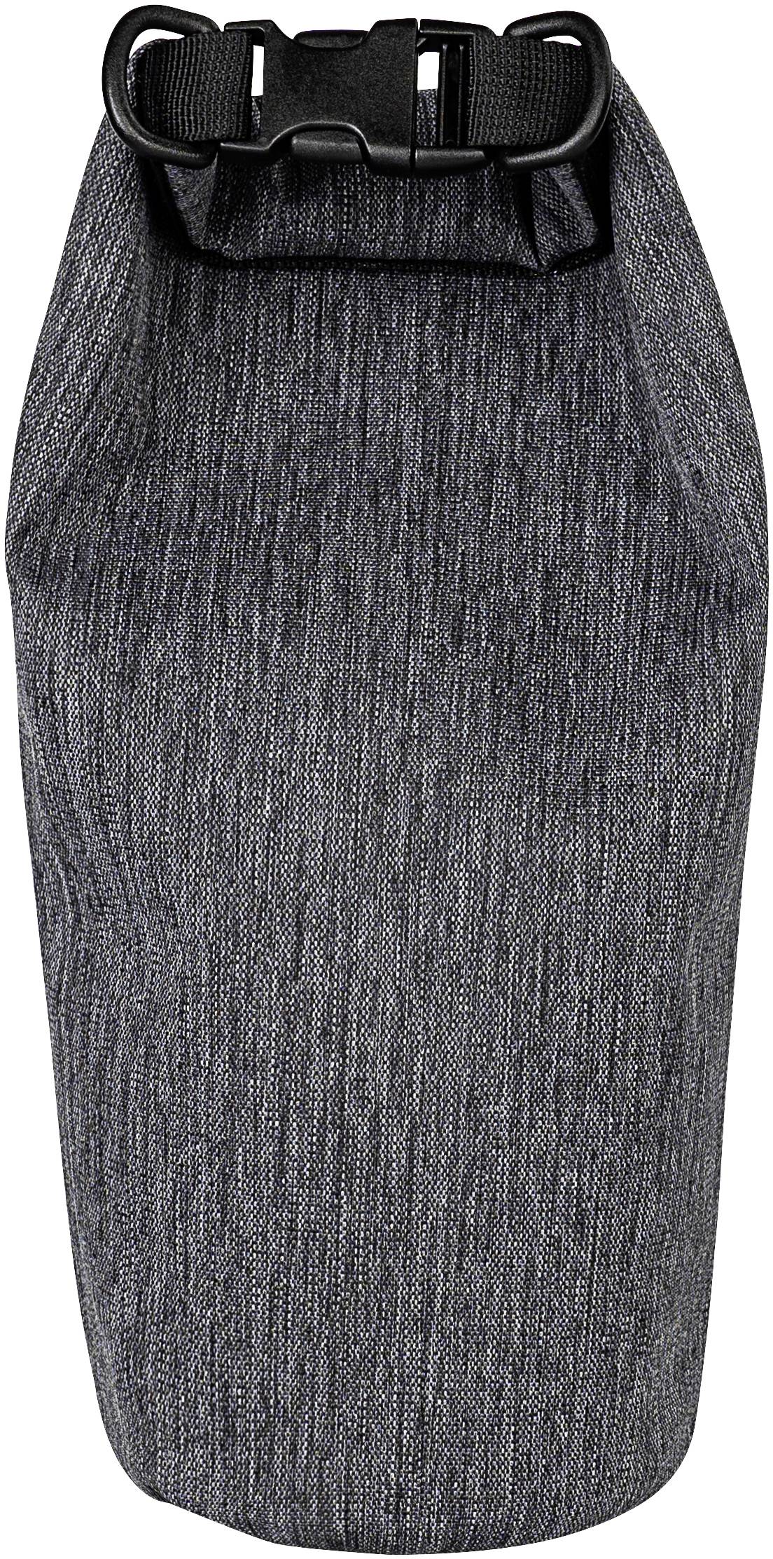Grey, waterproof dry bag with roll-top closure, standing.