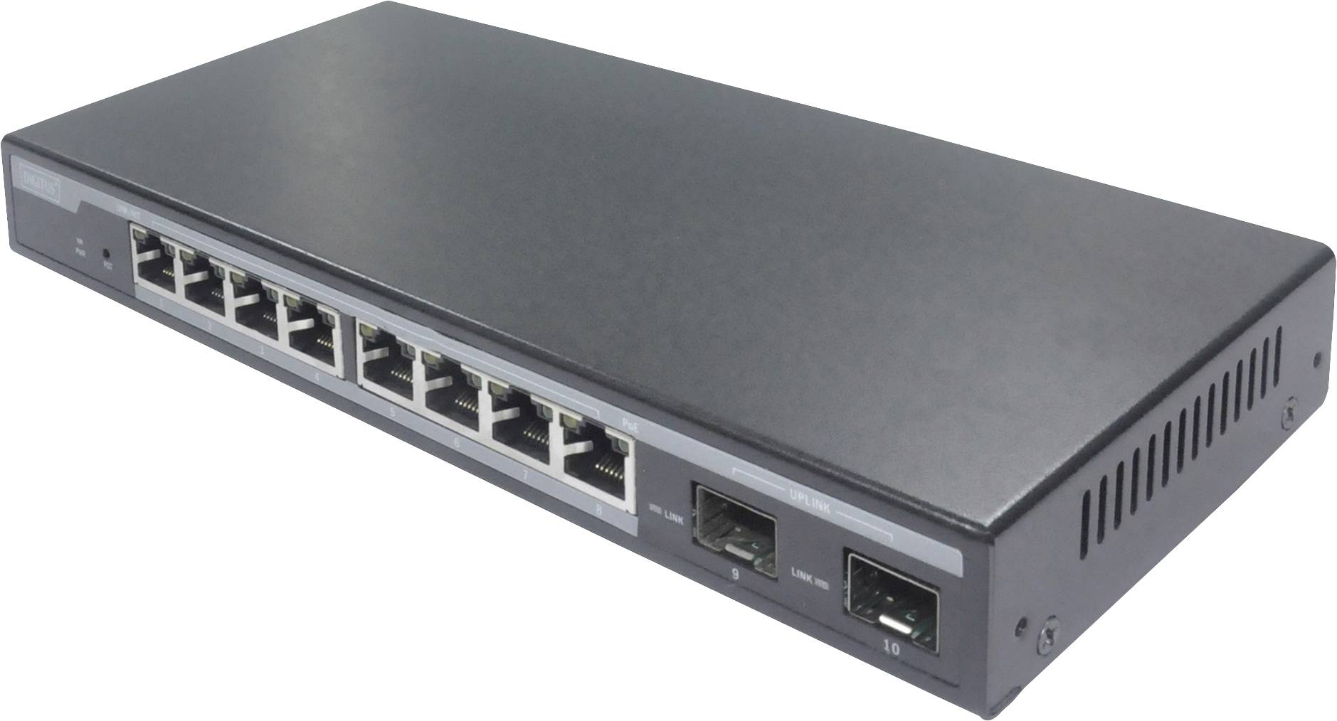 Network switch with eight Ethernet ports and two fibre optic connections, suitable for connecting and managing multiple devices.