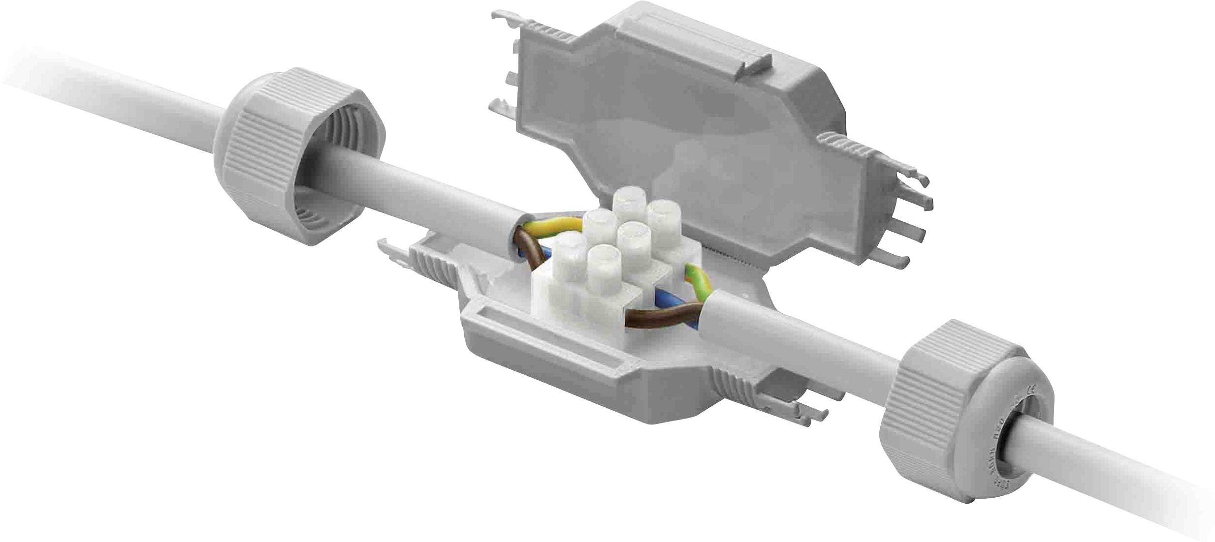 An open cable connector demonstrates how connections are made using clamps. Cables have been introduced for demonstration purposes.
