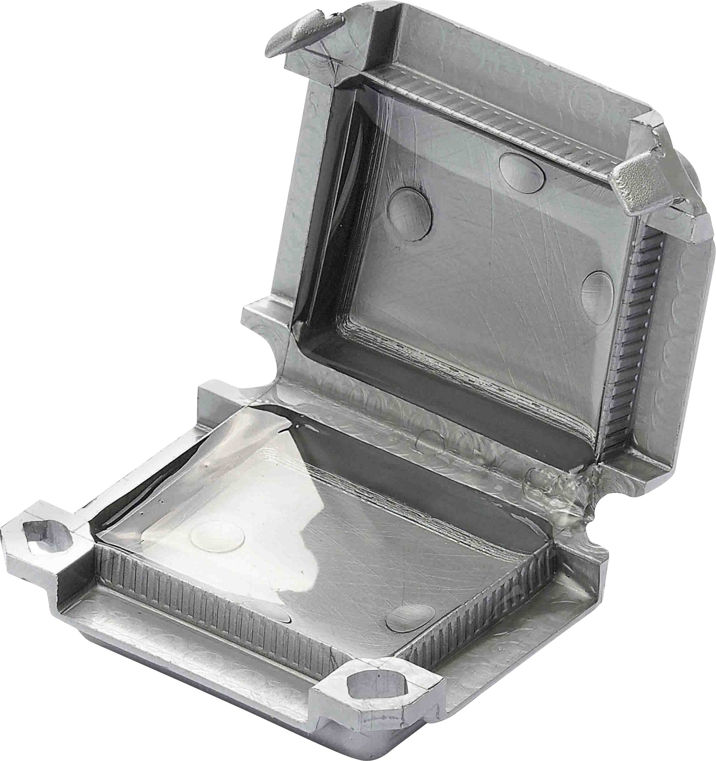 Open metal frame with integrated lid, showing a reflective, rectangular surface. Suitable for technical applications.