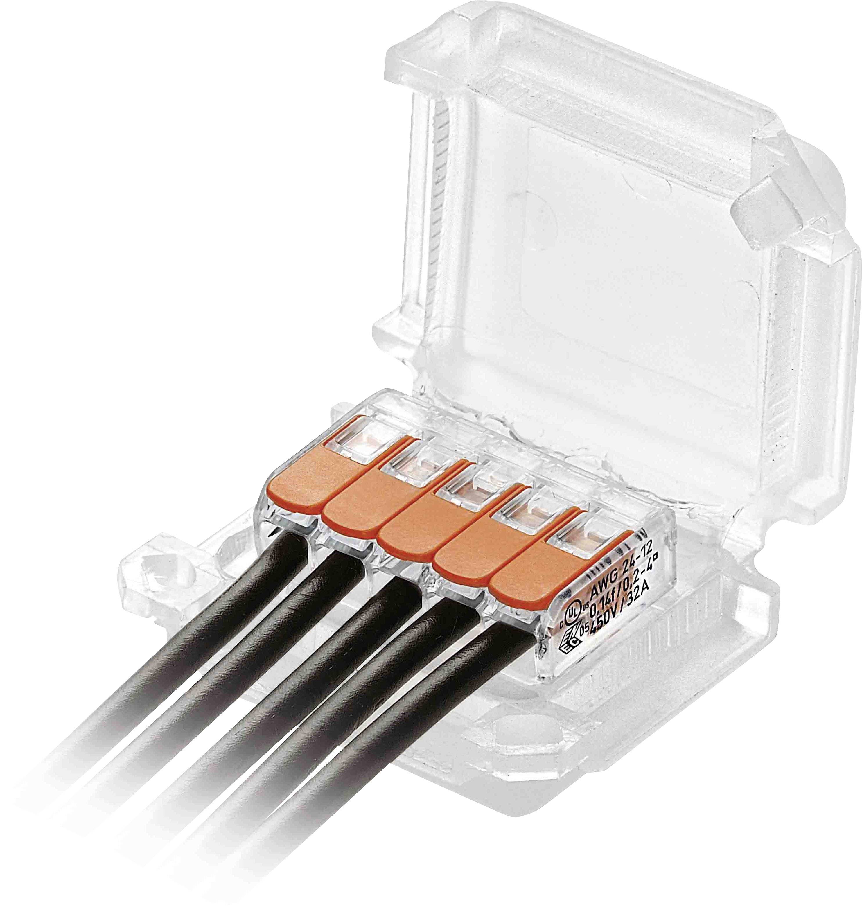 A transparent cable connector with five black cables securely fastened. It has an open lid.