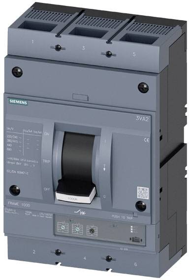 Image of a Siemens circuit breaker, model 3VA2, in grey colour. Suitable for electrical protection circuits up to 1000 A.