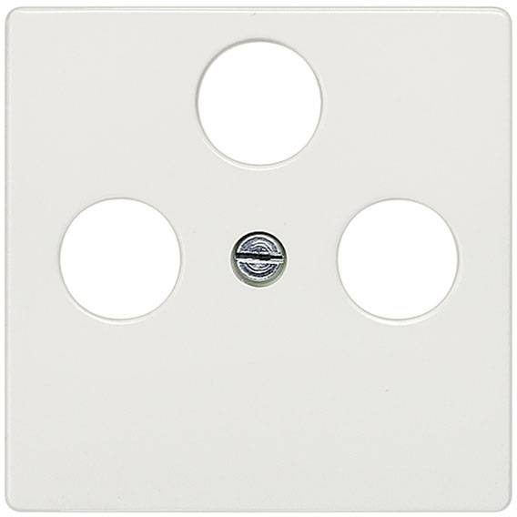 White cover plate with three round holes, one centrally positioned at the top, two evenly spaced below. A screw in the centre secures the plate.