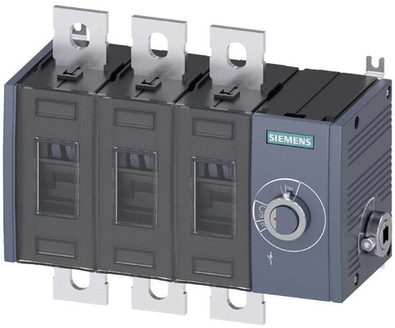 'Siemens' elektrischer Schalter, grau, mit vier gleich großen Segmenten und einem zentralen Drehregler, montiert an Metall.