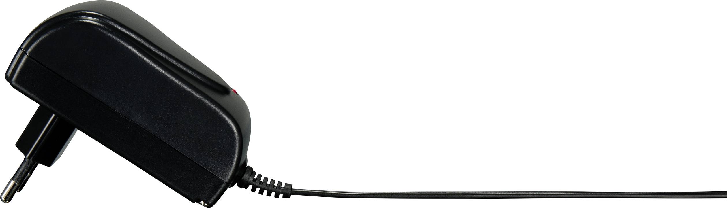 Black charger with cable and European plug, lying on its side.