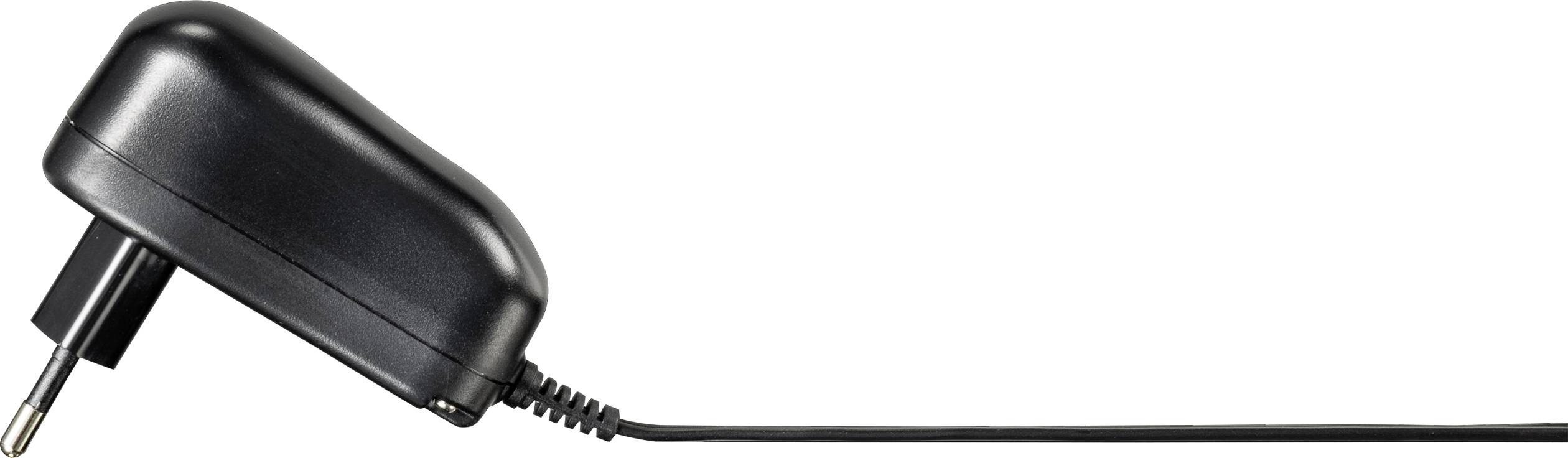 Black power supply with Euro plug and cable, which runs to the right.