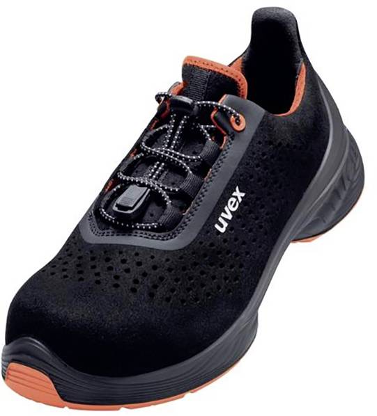 Black safety shoe with orange accents. 'uvex' marking on the side. Round laces with black fastening.