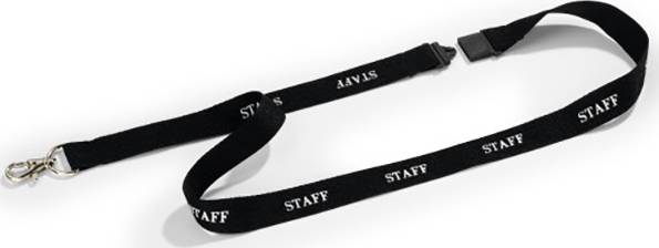 Black lanyard with white 'STAFF' lettering at regular intervals.