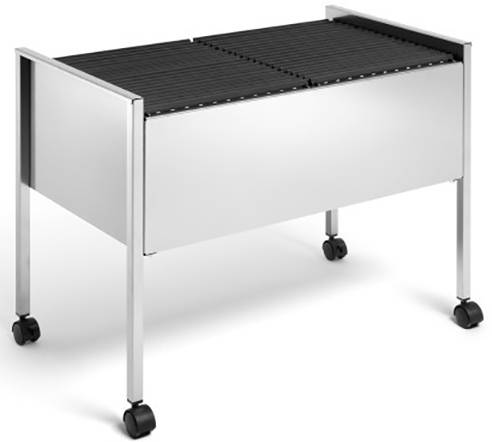 A silver filing cabinet on castors, open at the top for hanging files. Perfect for office organisation.