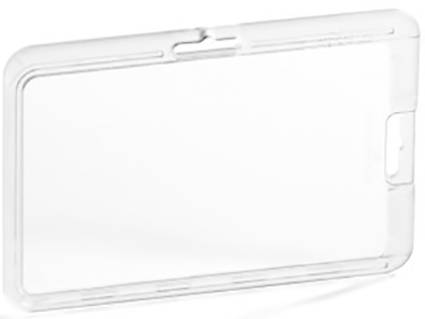 Clear, transparent plastic card holder, rectangular, with an opening at the top for inserting a card.