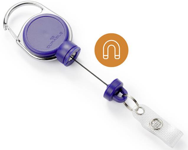 A blue key fob with an extendable cord and attachment clip next to an orange symbol in the shape of a horseshoe.