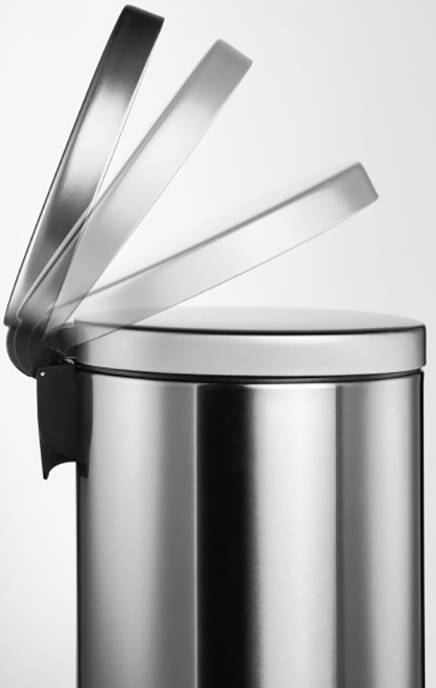 Stainless steel bin with a half-open lid that demonstrates multiple positions.