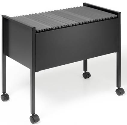 Black mobile hanging file trolley with multiple hanging folders on castors, suitable for storage and transportation of documents.