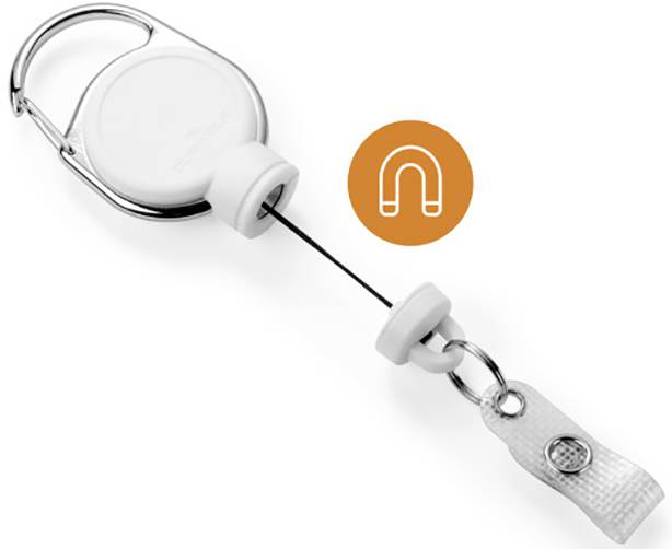 A round, white key holder with a carabiner hook and retractable cable. An orange symbol displays a magnet.